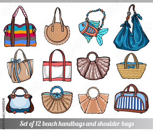 Collection of 12 vector illustrations of stylish female bags in various sizes, types and shapes, in intensive rich colors, in hand drawn style for custom design, print, pattern, stickers. photo