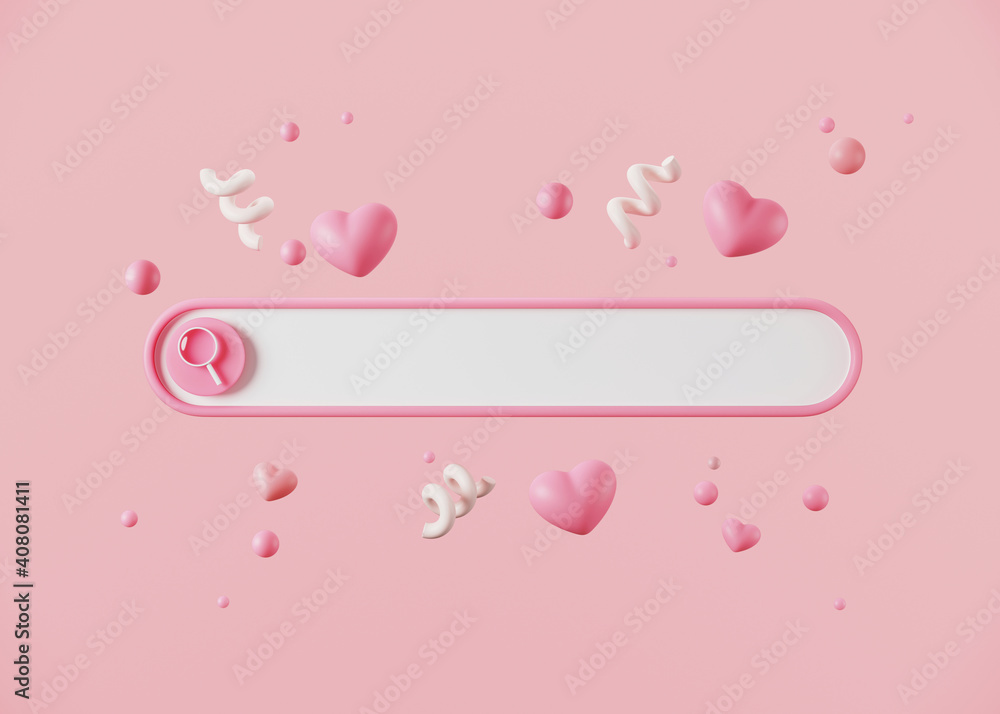 Minimal abstract background for online love and wedding concept. Blank web search bar and pink heart on pink background. 3d rendering illustration. Clipping path of each element included. Minimal abstract background for online love and wedding concept. Blank web search bar and pink heart on pink background. 3d rendering illustration. Clipping path of each element included.