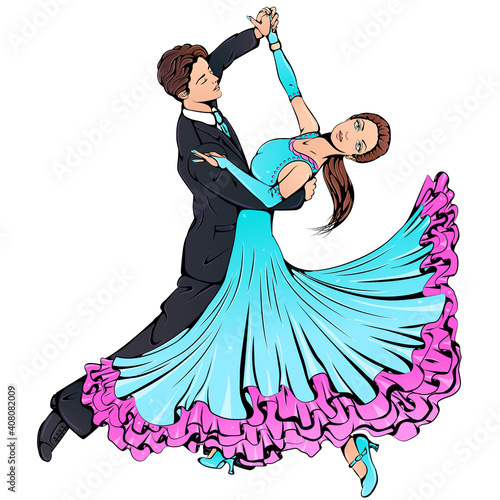 Vector illustration of young couple dancing classical ballroom dance isolated on white background. Waltz dancer character. Dance icon. Classical ballroom dance art for dance studio, dance shop.