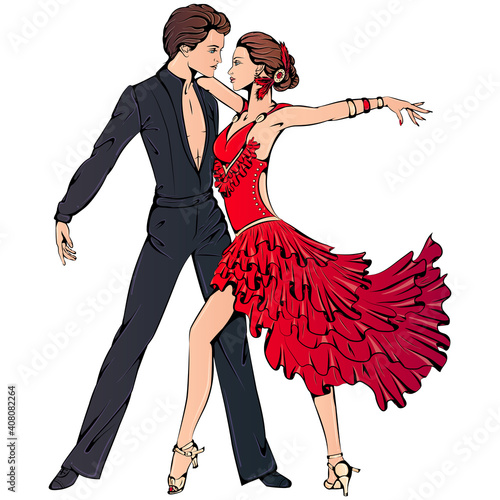 Vector illustration of young couple dancing ballroom latin dance isolated on white background. Samba dancer character. Dance icon. Classical ballroom latin dance art for dance studio, dance shop. photo