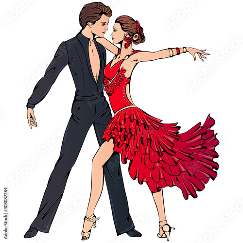 Vector illustration of young couple dancing ballroom latin dance isolated on white background. Samba dancer character. Dance icon. Classical ballroom latin dance art for dance studio, dance shop.