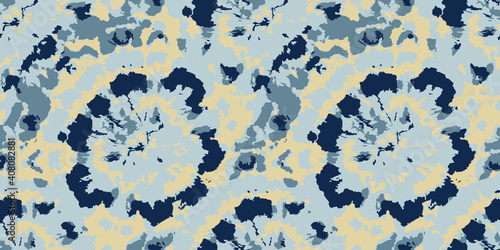 Vector Tie and Dye Seamless. Ethnic Print. Floral Psychedelic Ornament. Beige Tonal Borders. Graphic Texture. Indigo Tie Dye Tile. Watercolor Bohemian Tile. Bleach Effect.