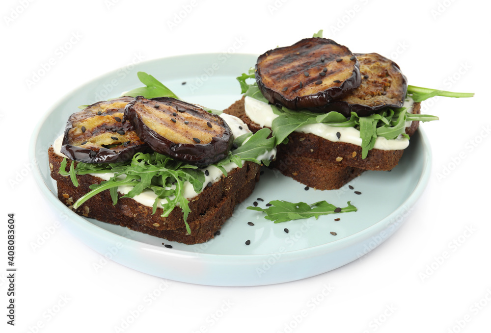 Delicious fresh eggplant sandwiches on white background Delicious fresh eggplant sandwiches on white background