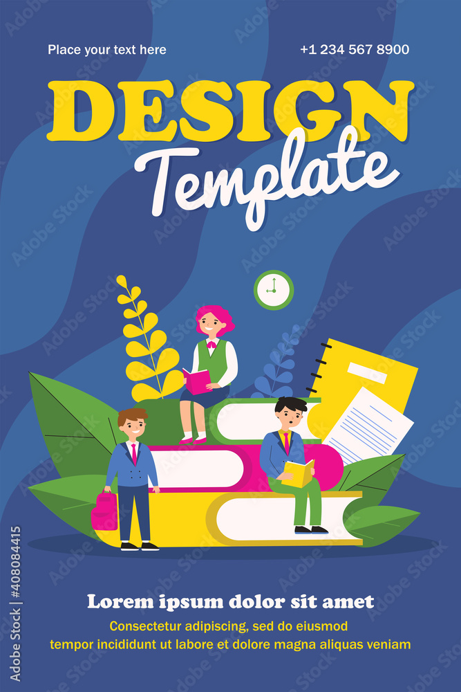 Fototapeta premium School students reading books. Schoolchildren studying at class flat vector illustration. Knowledge, learning, education concept for banner, website design or landing web page