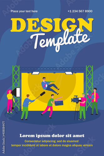 Crew filming new motion movie isolated flat vector illustration. Cartoon shooting stunt performer falling from building roof. Cinema, entertainment and casting concept