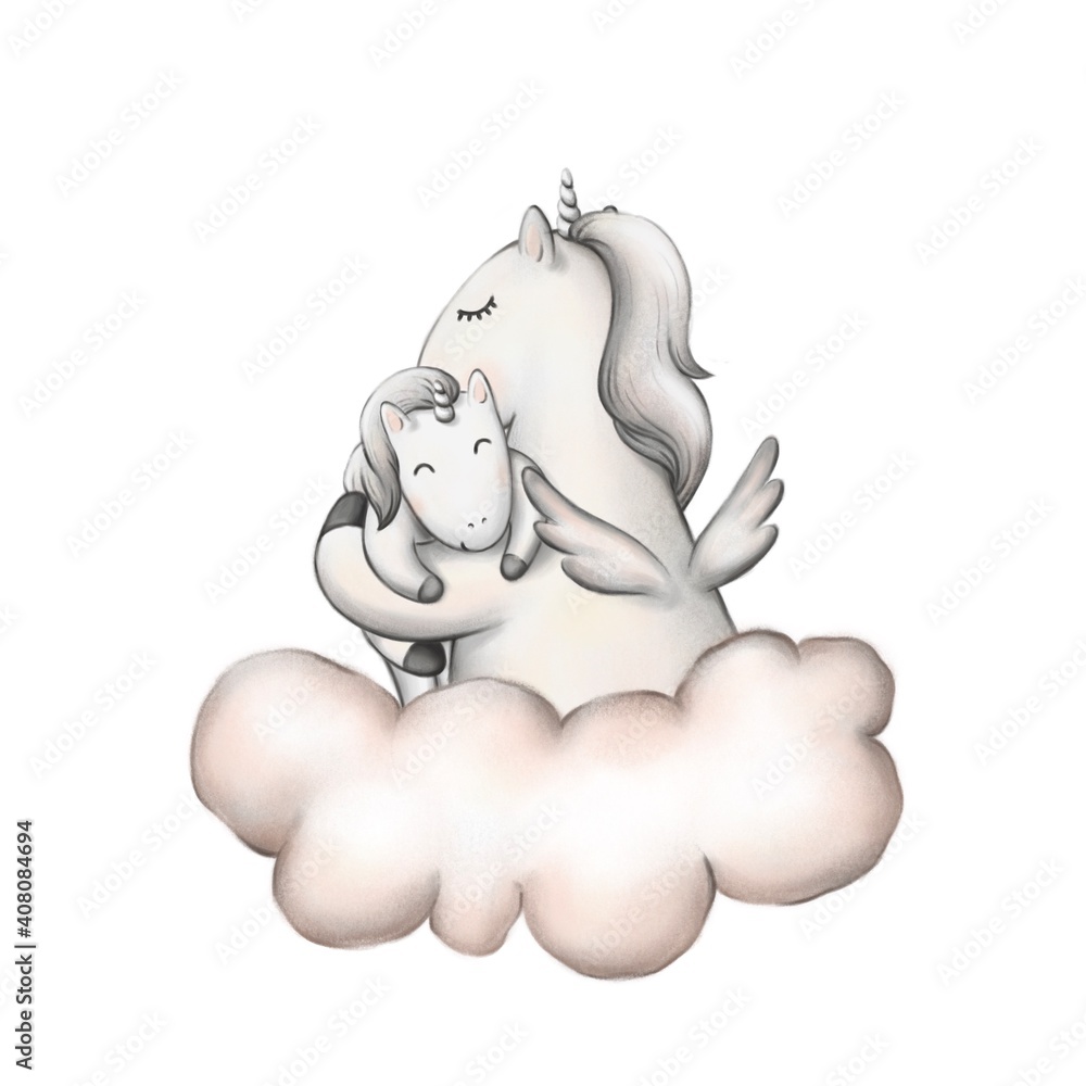 mom and baby unicorn. cute animals illustration. poster for the nursery, postcard. mom and baby unicorn. cute animals illustration. poster for the nursery, postcard.