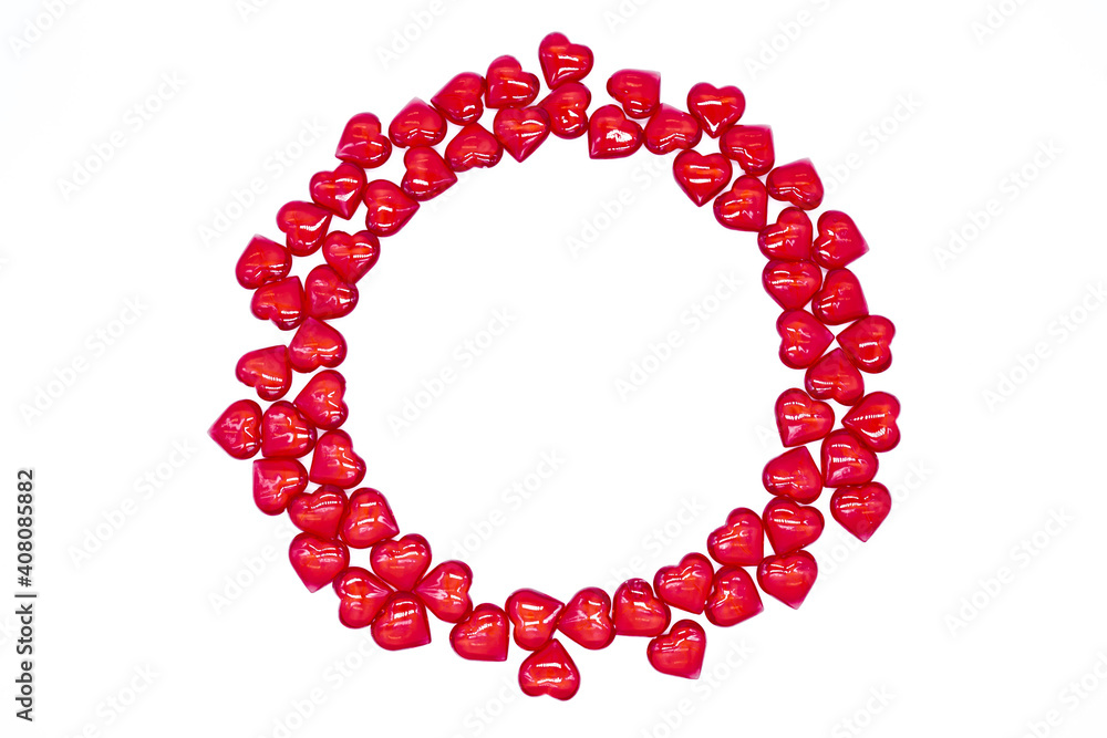 Bright red hearts are shiny, glass lie in the form of a round frame on a white background. Concept of love, marriage, wedding, Valentines day, passion Bright red hearts are shiny, glass lie in the form of a round frame on a white background. Concept of love, marriage, wedding, Valentines day, passion