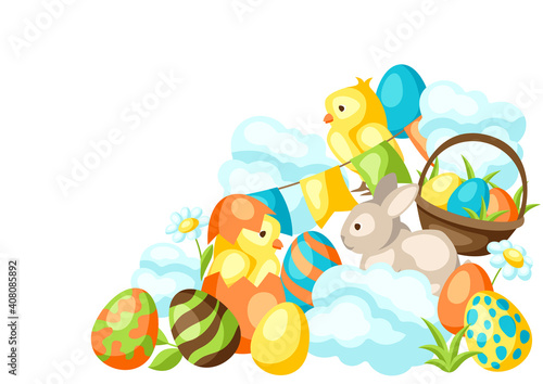 Happy Easter greeting card with holiday items.