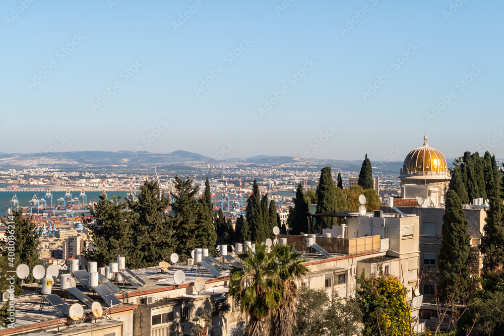 View from Mount Carmel to the Bahai Temple, the downtown, the port and the Mediterranean Sea and Haifa city, in Israel.