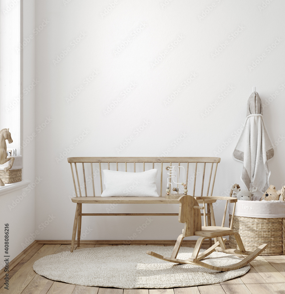 Blank wall mock up in cozy nursery interior background, Scandinavian style, 3D render - obrazy, fototapety, plakaty 