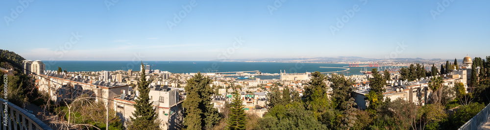 Panoramic view from Mount Carmel to the Bahai Temple, the downtown, the port and the Mediterranean Sea and Haifa city, in Israel.