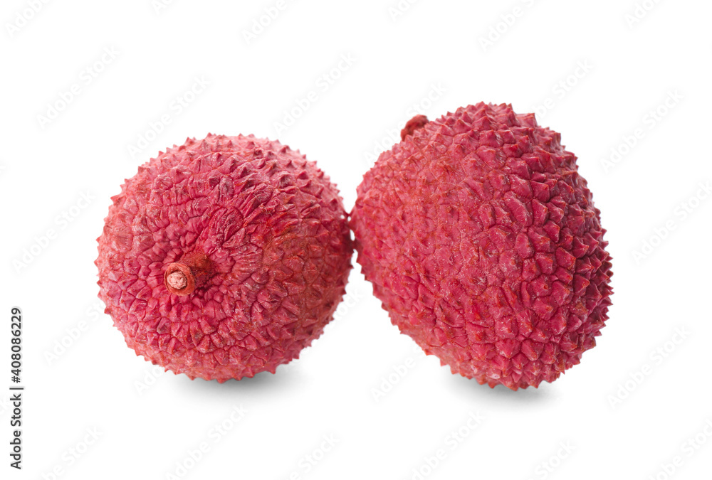 Fresh ripe lychees on white background, closeup. Exotic fruit Fresh ripe lychees on white background, closeup. Exotic fruit