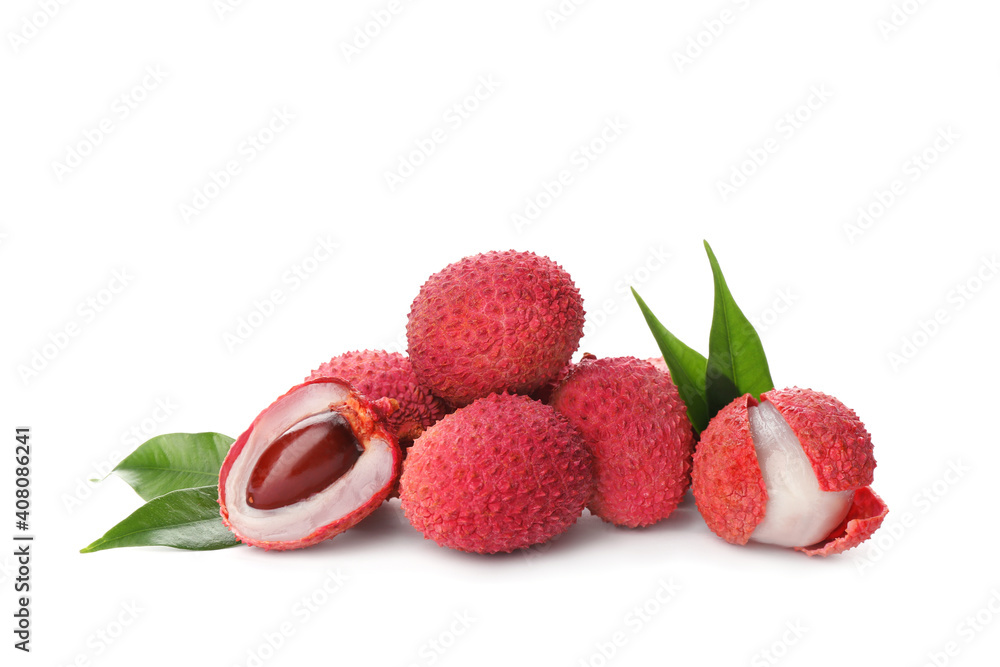 Pile of fresh ripe lychees with green leaves on white background Pile of fresh ripe lychees with green leaves on white background