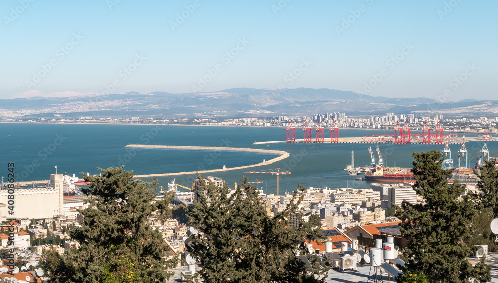 View from Mount Carmel to the downtown, the port and the Mediterranean Sea and Haifa city, in Israel.