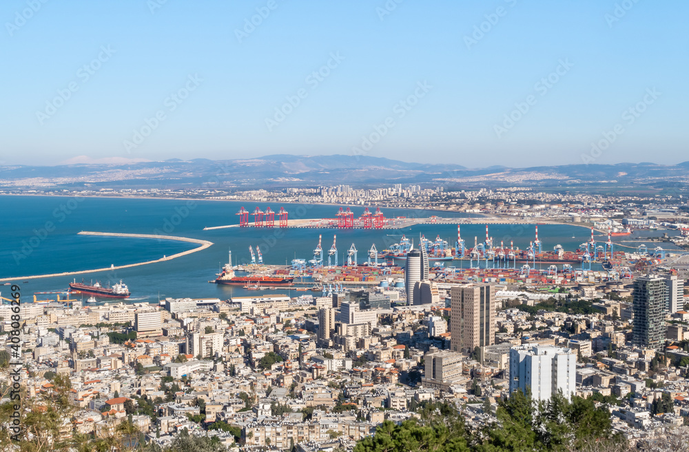 View from  Mount Carmel to the downtown, the port and the Mediterranean Sea and Haifa city, in Israel.
