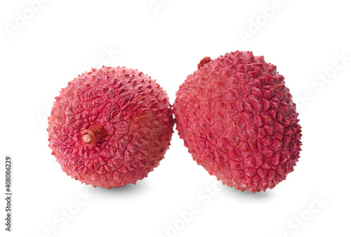 Fresh ripe lychees on white background, closeup. Exotic fruit