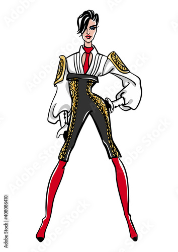 Vector fashion illustration of young beautiful model girl, wearing spanish toreador style costume with paints in red and black colors.