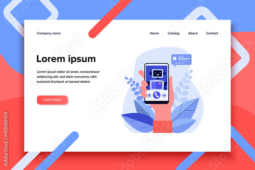 Cartoon hand holding smartphone with robot. Call, contact, phone flat vector illustration. Communication and digital technology concept for banner, website design or landing web page