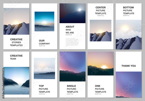 Social networks stories design, vertical banner or flyer templates. Covers design templates for flyer, cover. Fog, sunrise in morning and sunset in evening. Nature landscape backgrounds with mountains