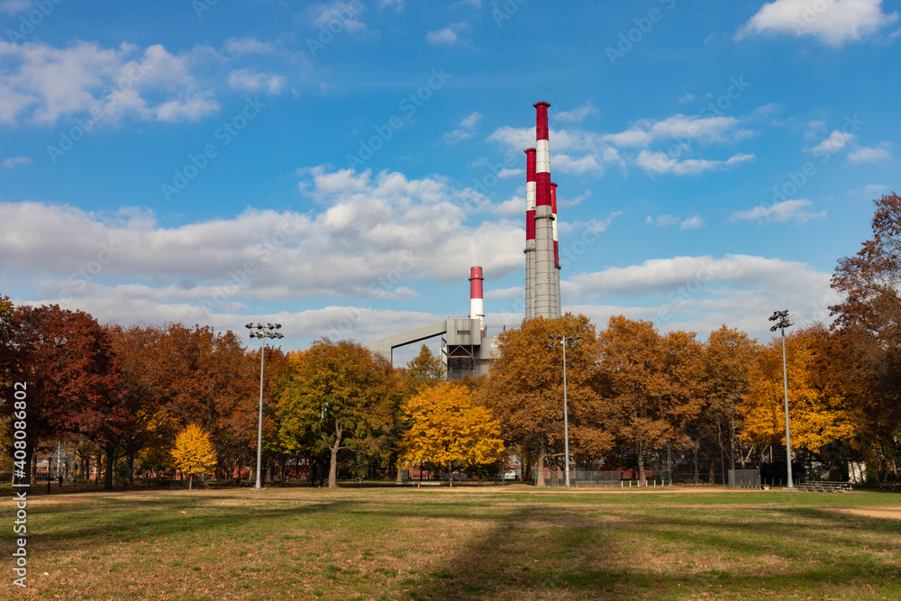 Obraz premium Grass Field at Queensbridge Park in Long Island City Queens New York during Autumn with Colorful Trees