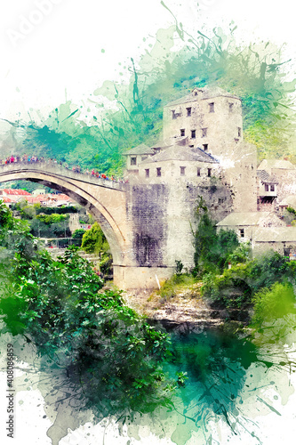 Watercolor drawing. The Old Bridge, Mostar, Bosnia-Herzegovina photo