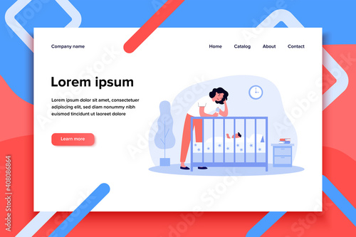Depressed tired mom giving bottle to baby. Sad sleepy new mother leaning on crib to feed newborn child. Flat vector illustration for postnatal anxiety, postpartum depression, maternity blues concept