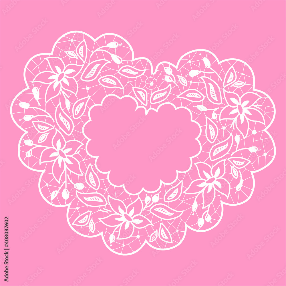 This heart-shaped card is made like cutwork embroidery in white. These flowers, leaves and patterns cover the heart shape.
