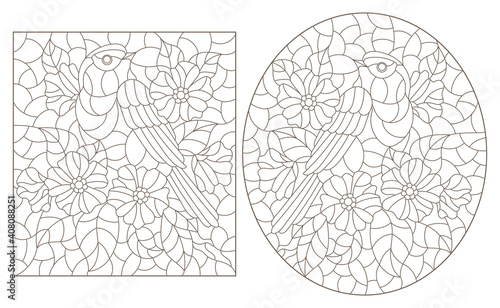 Set of contour illustrations in stained glass style with cute birds and flowers, dark outlines on a white background