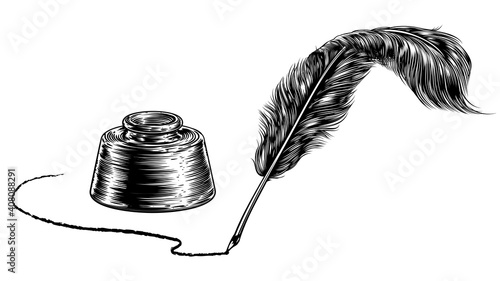 A feather quill ink writing pen and inkwell in a vintage retro woodcut or woodblock line art drawing style