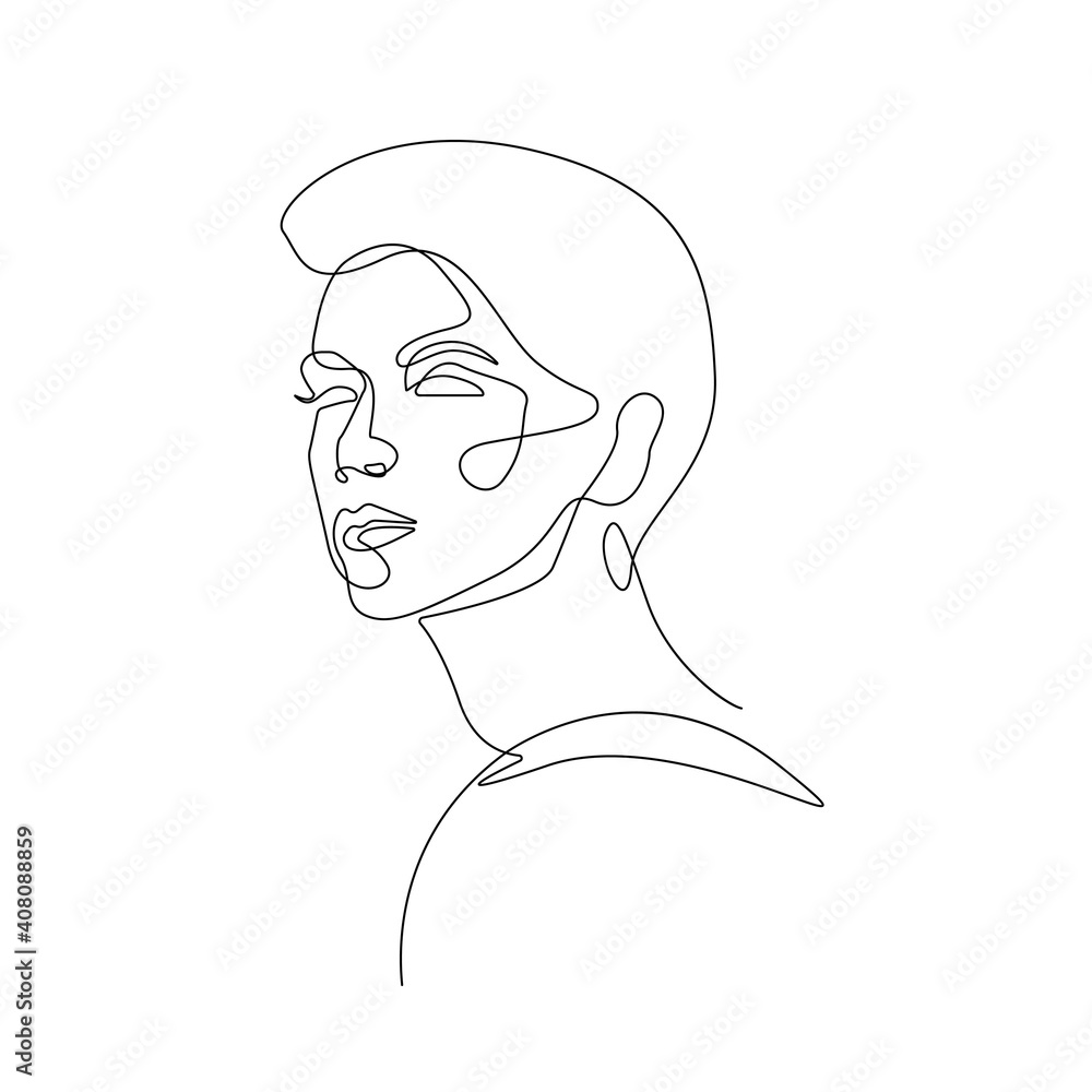 Woman Face Continuous One Line Drawing. Female Art Print Line Drawing Sketch Illustration. Woman Face Modern Print. Minimalist Female Contour Art Design. Vector EPS 10.