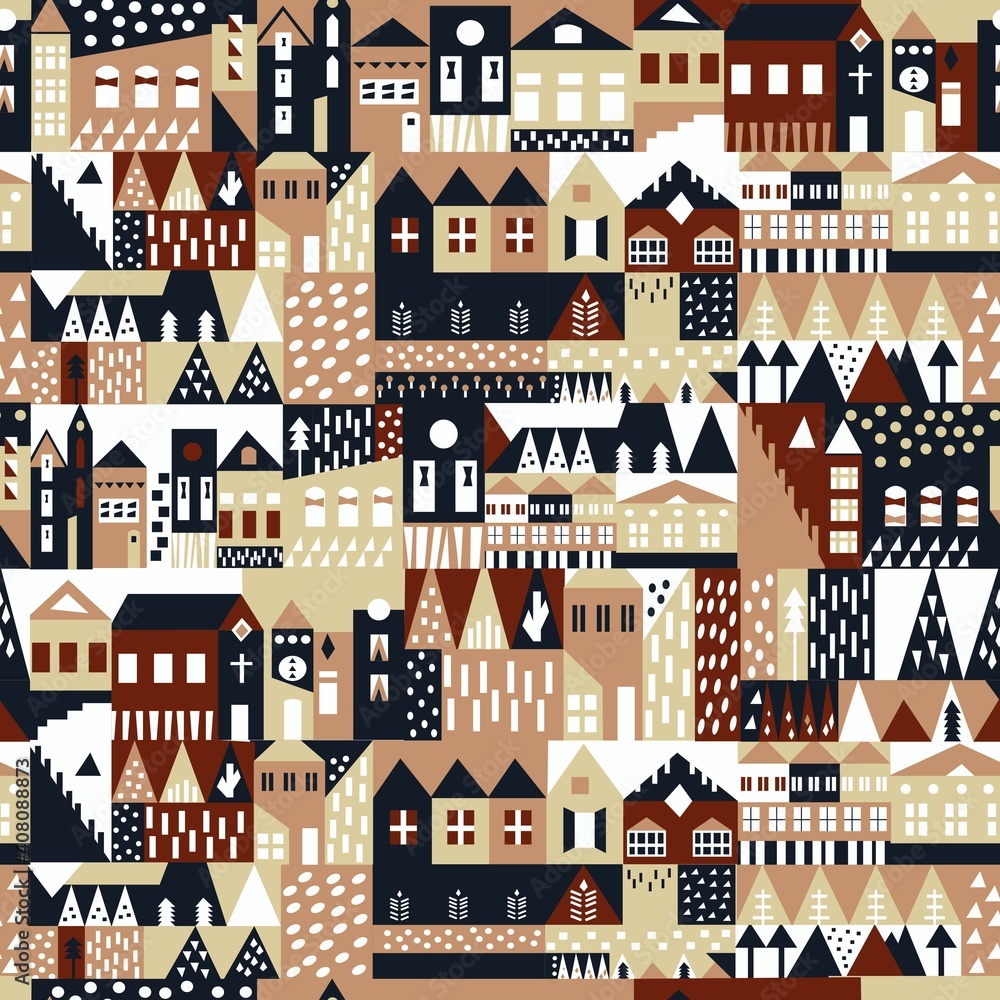Abstract Seamless Pattern Scandinavian Style. Modern Trendy Pattern with City Landscape. Modern Urban Wallpaper, Vector Illustration