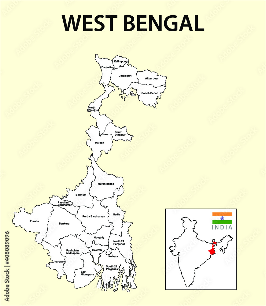 West Bengal map. Political and administrative map of West Bengal with districts name. Showing International and State boundary and district boundary of Assam. Illustration of districts Kolkata map.