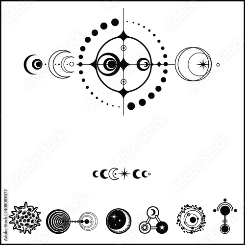 Mystical drawing: Mysterious crop circle UFO, Stylized galaxy, set of cosmic symbols. Astrology, alchemy, extraterrestrial, space design. Vector Illustration Isolated on a white background. 