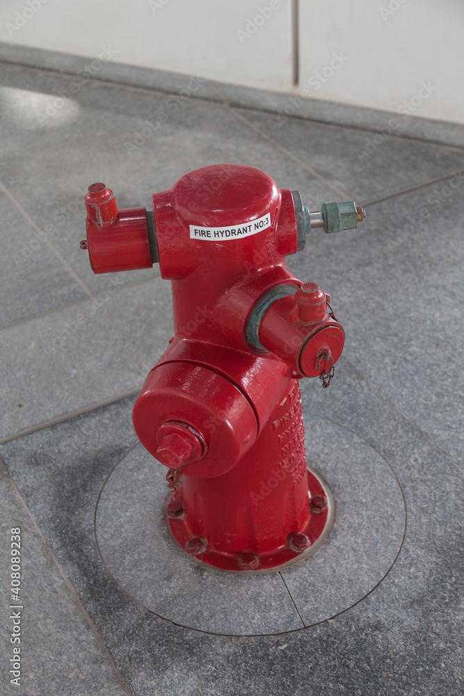 red metal hydrant protecting the city from fire.