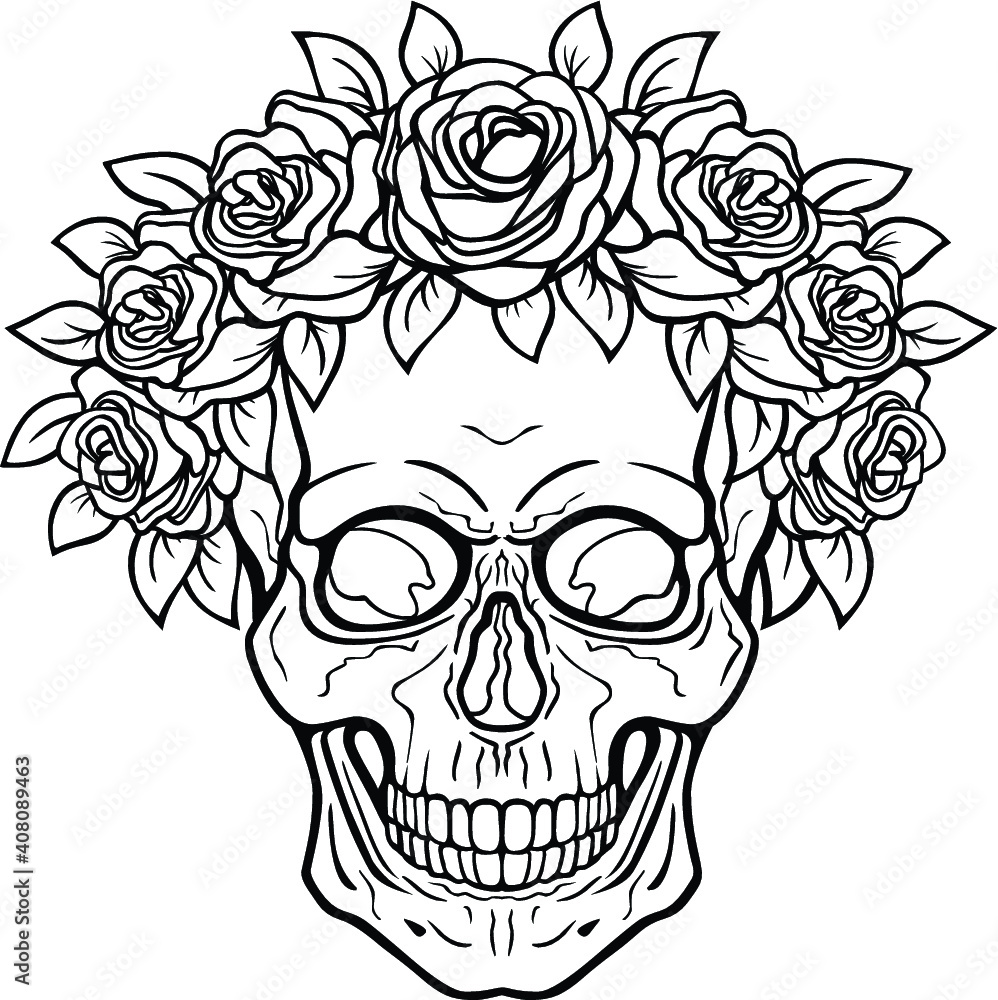 Mystical drawing: human skull in a crown of roses. Magic, esoteric, occultism. Monochrome vector illustration isolated on white background. Print, poster, T-shirt, card. Mystical drawing: human skull in a crown of roses. Magic, esoteric, occultism. Monochrome vector illustration isolated on white background. Print, poster, T-shirt, card.
