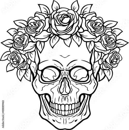 Mystical drawing:  human skull in a crown of roses. Magic, esoteric, occultism. Monochrome vector illustration isolated on white background. Print, poster, T-shirt, card. 