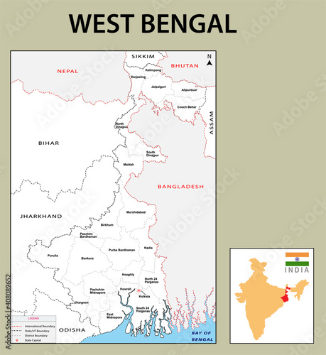 West Bengal map. West Bengal districts map with name labels. White background. Showing International and State boundary and district boundary of West Bengal. Vector Illustration of districts map.