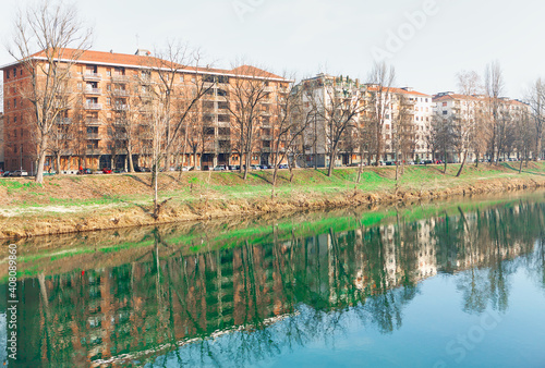 Riverside residential district in Turin . Houses situated at the coast of Po river in Torino Italy