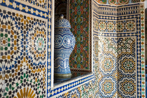 Ornate tiles with vase in Morocco