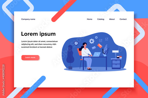 Freelancer emailing at night. Woman working at laptop, sending and receiving letters flat vector illustration. Freelance, time management concept for banner, website design or landing web page