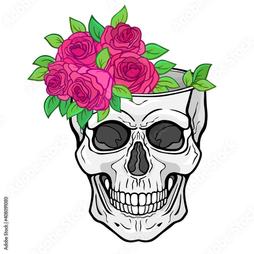 Mystical drawing:  human skull - flower vase. Magic, esoteric, occultism. Vector illustration isolated on white background. Print, poster, T-shirt, card. 