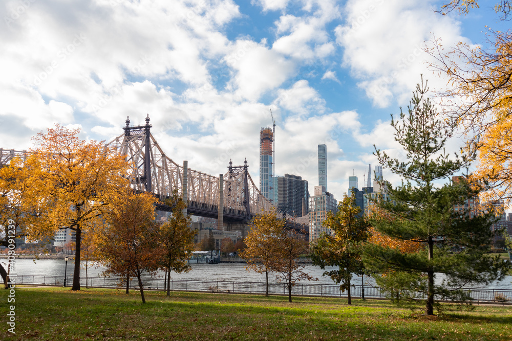 Queensbridge Park in Long Island City Queens New York during Autumn with Colorful Trees and the Queensboro Bridge along the East River