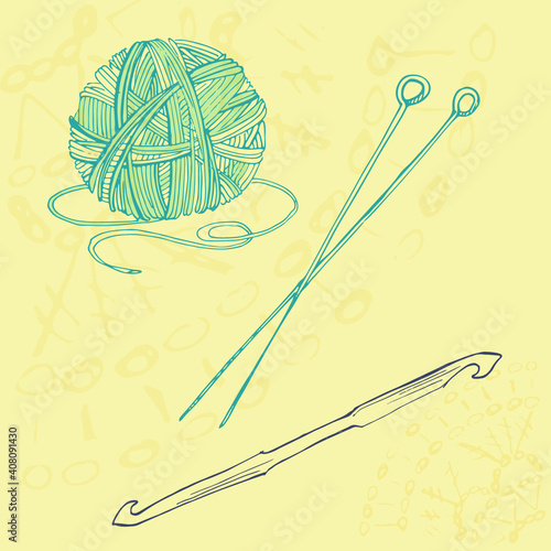 Set of isolated handcraft tools for knitwear on biege background. Hand drawn knitting needles, crochet hook and clew. Spool of threads for needlework dressmakers Sewing hobby, clothing, domestic craft