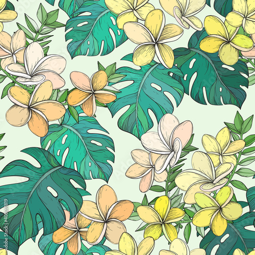 Seamless pattern with Tropical leaves and Frangipani flowers.