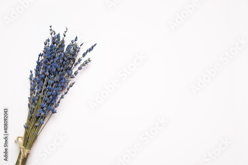 Bunch of beautiful dried flowers on white background, top view