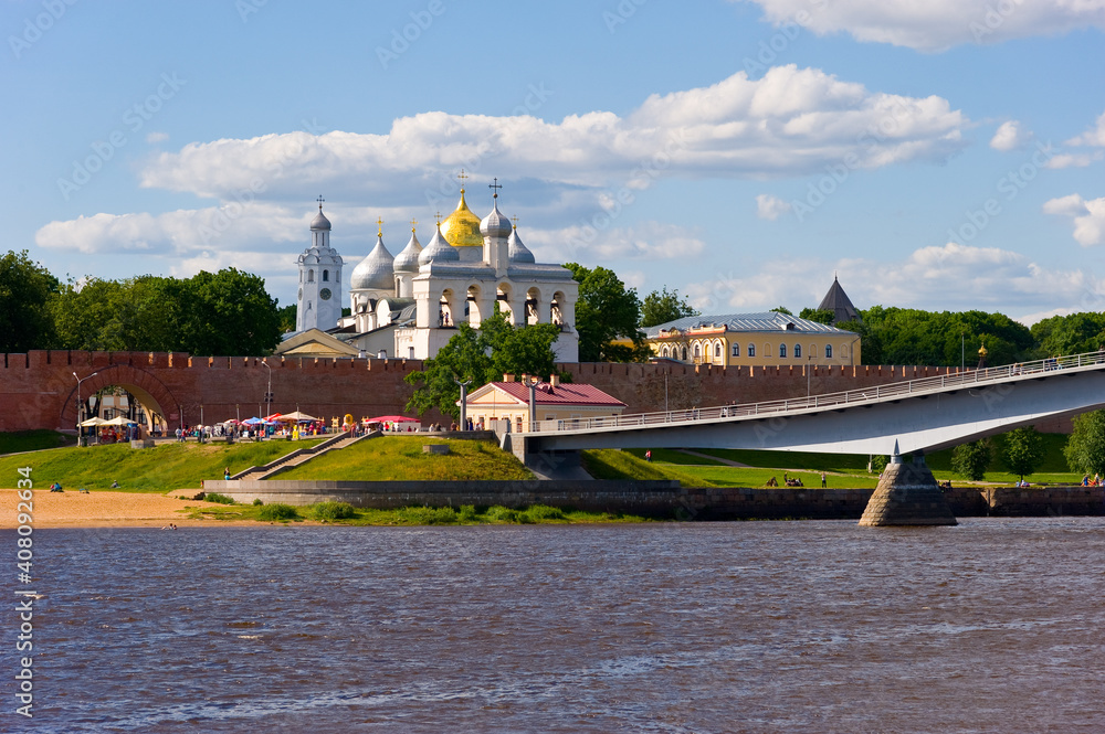 Veliky Novgorod - Novgorod Kremlin, Volkhov river and bridge. 