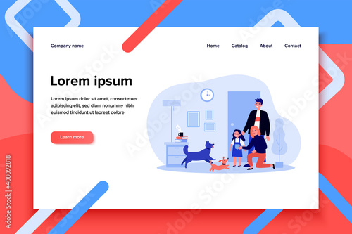 Dogs welcoming family in apartment. Parents and kid coming home to pets. Flat vector illustration. Domestic animals keeping, lifestyle concept for banner, website design or landing web page