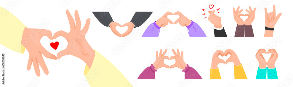 Big collection with I love you heart sign. Set of Valentine day and expressions love to you, message of love using hand gestures, shapes heart with both hands. Big collection with I love you heart sign. Set of Valentine day and expressions love to you, message of love using hand gestures, shapes heart with both hands.