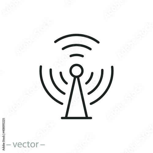antenna or radar signal icon, telecommunication tower, cellular broadcast, internet connect tech, wireless thin line symbol on white background - editable stroke vector illustration eps10