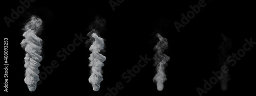 a collection set of smoke stream rise tornado isolated on black background.3D Render Illustration.